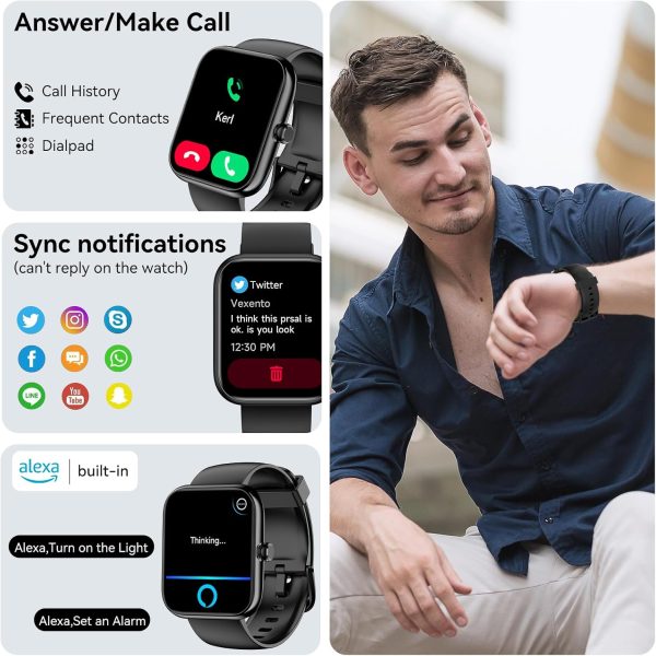Smart Watch with Alexa Built-in, 1.83" HD Touchscreen, Bluetooth Call/Make Calls, IP68 Waterproof Fitness Tracker with 120+ Sport Modes, 24/7 Heart Rate & Sleep Monitor for iOS/Android (Black) - Image 2
