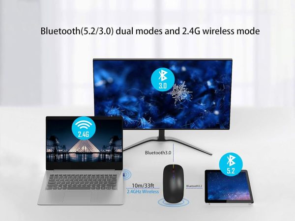 Wireless Bluetooth Mouse Rechargeable Laptop Mice with LED Use Portable(BT5.2 and USB 2.4G) Dual Mode Connection Silent Slim Computer Mouse for Laptop/iPad Tablet/Apple MacBook/PC (Black) - Image 6