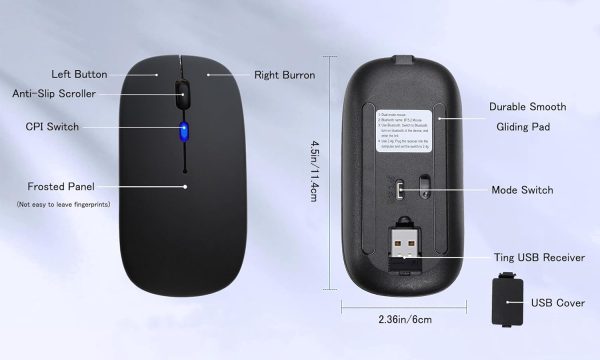 Wireless Bluetooth Mouse Rechargeable Laptop Mice with LED Use Portable(BT5.2 and USB 2.4G) Dual Mode Connection Silent Slim Computer Mouse for Laptop/iPad Tablet/Apple MacBook/PC (Black) - Image 7